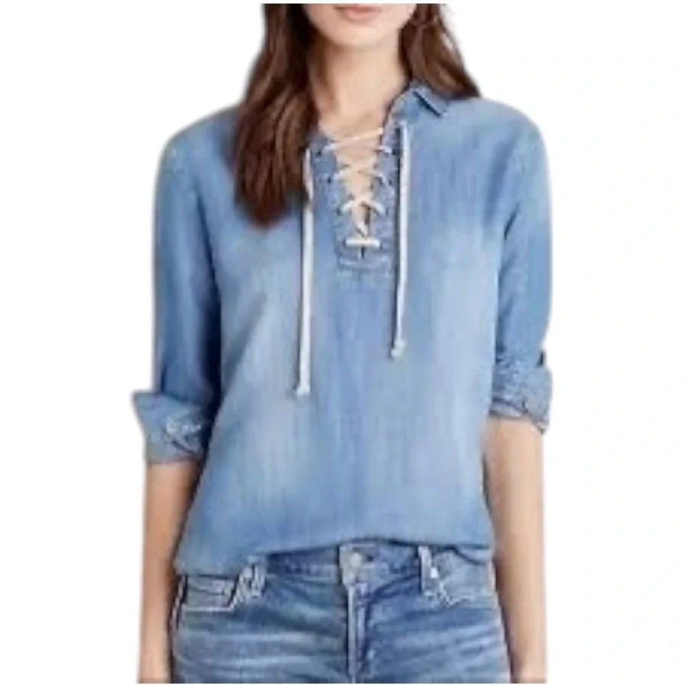 Karlie‎ Shirt Women Large Blue Chambray Tencel Lace Up Roll Tab Sleeve Tunic Top